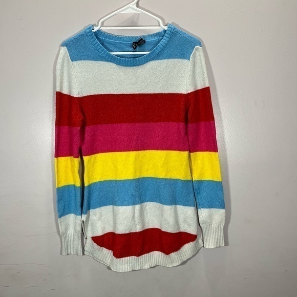 Free For All Women’s Red Blue Yellow Multicolor Striped Round Neck Knit Sweater - Picture 2 of 11